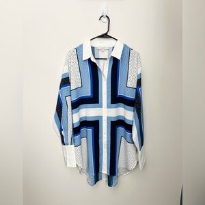 LOFT Geometric Blue and White Button-Up Shirt